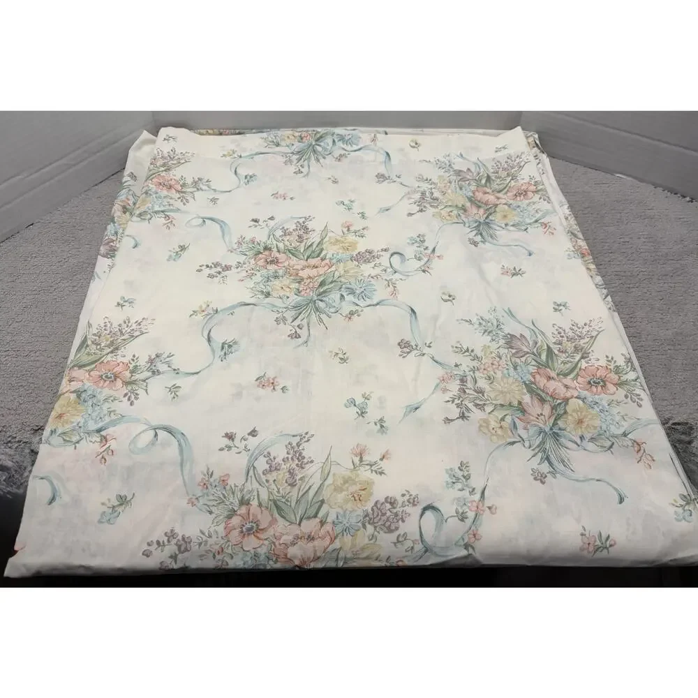 Vintage Pequot Flat Sheet Double Bed Floral Ribbon Pastel Y2K 90s USA